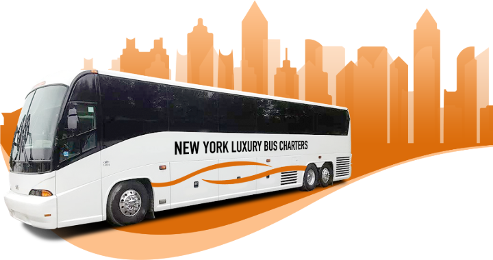 a NY Luxury Bus Charters branded charter bus in front of an illustrated skyline